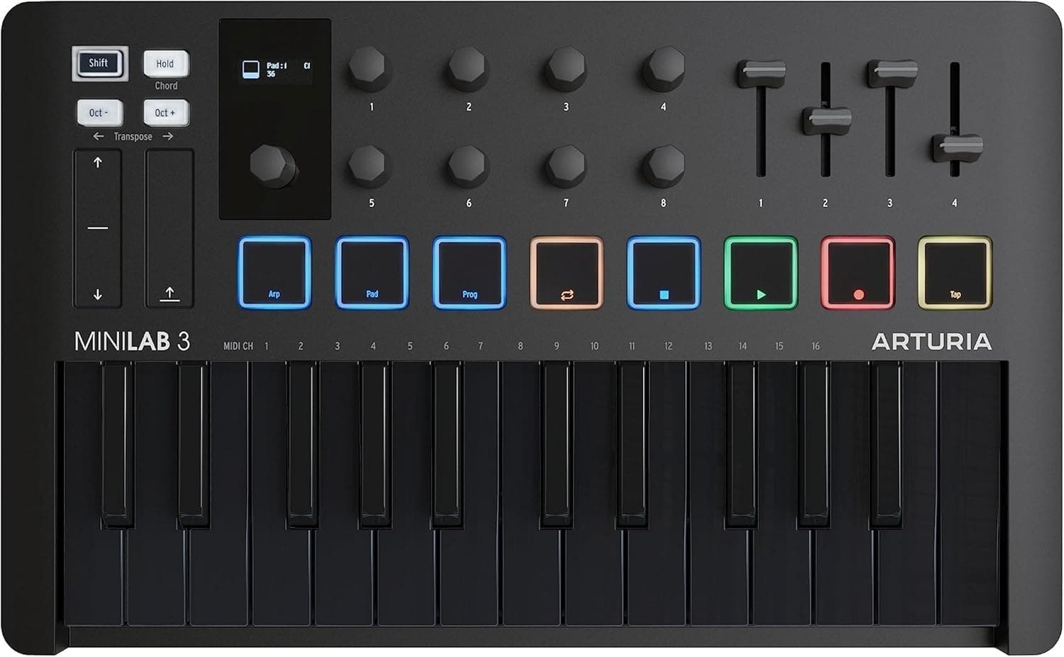 מקלדת שליטה Arturia MiniLab 3 – 25 קלידים, 8 פדים, Deep Black