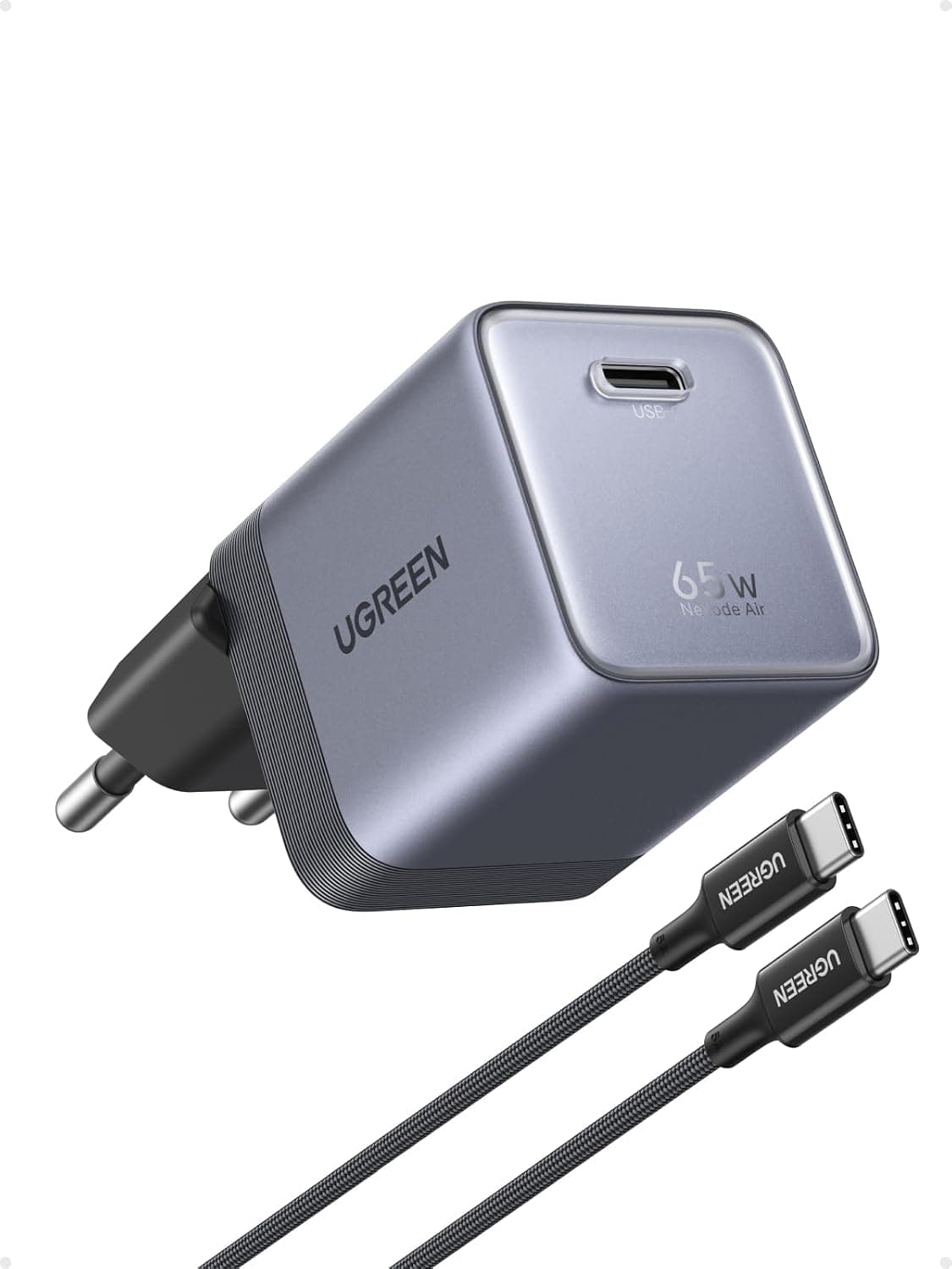 מטען קיר אפור UGREEN Nexode Air 65W עם תקע אירופי וכבל USB-C