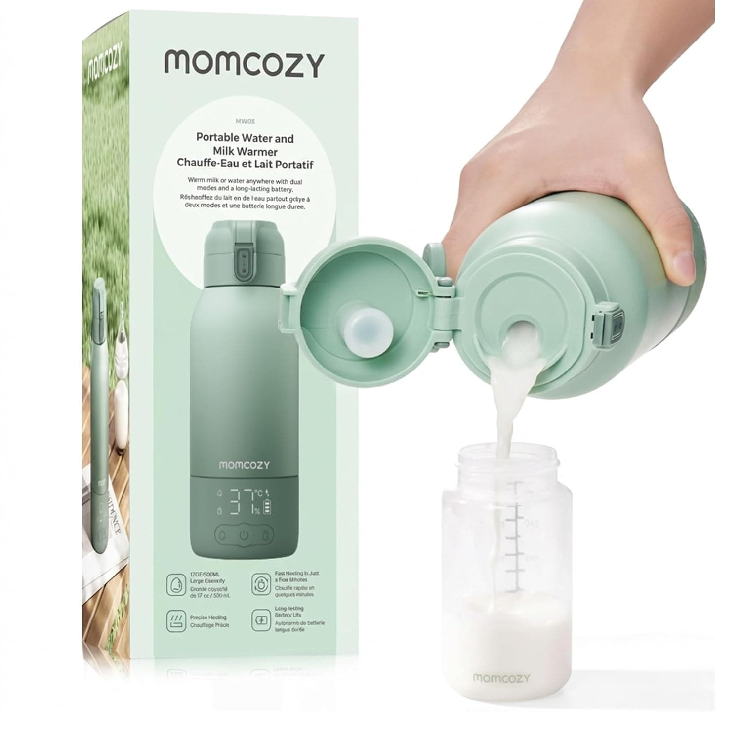 אריזת מחמם הבקבוקים הנייד של Momcozy עם היד שופכת חלב לבקבוק
