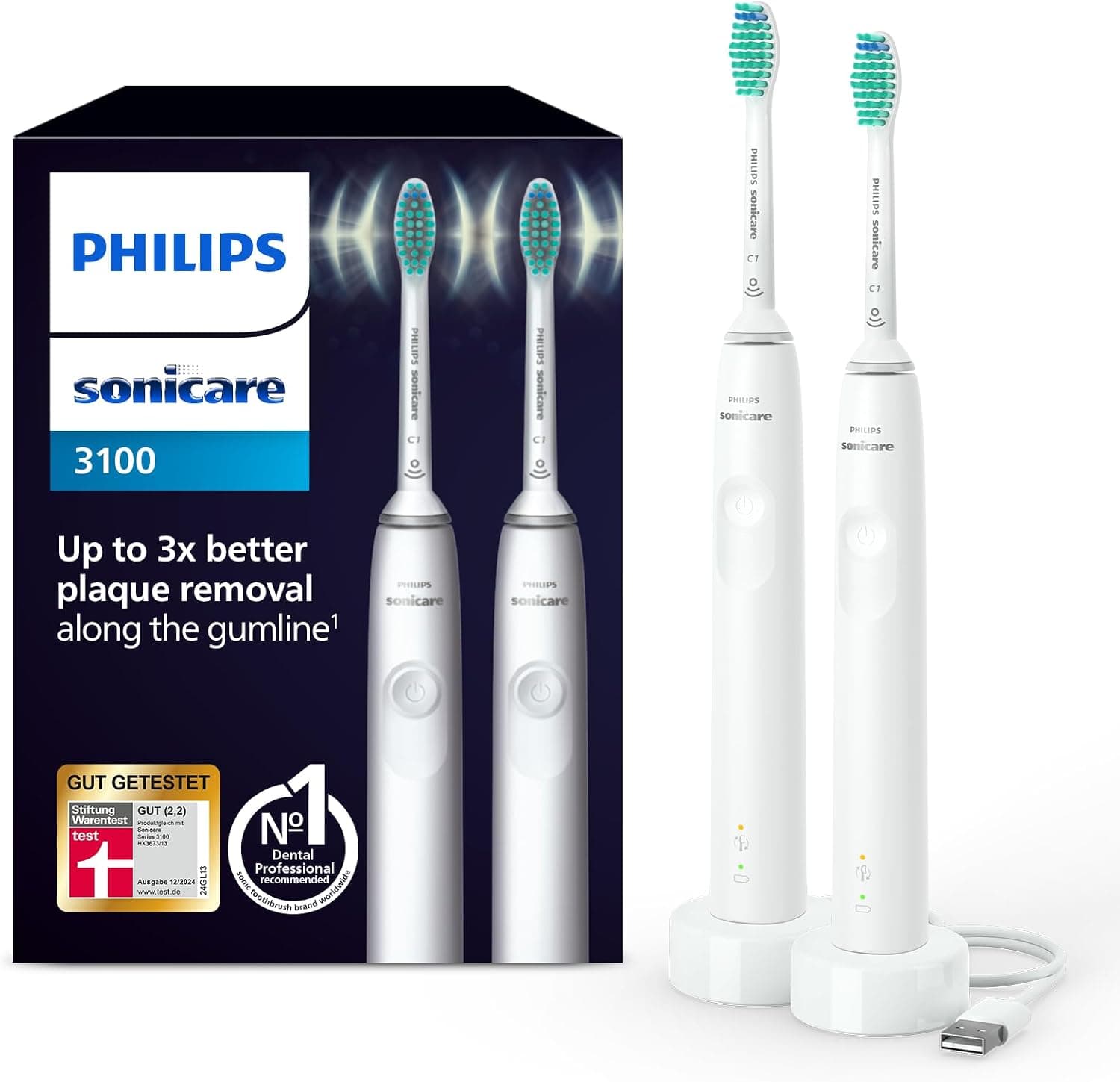 מארז שתי מברשות שיניים חשמליות Philips Sonicare 3100 לבנות עם עמדות טעינה ליד האריזה