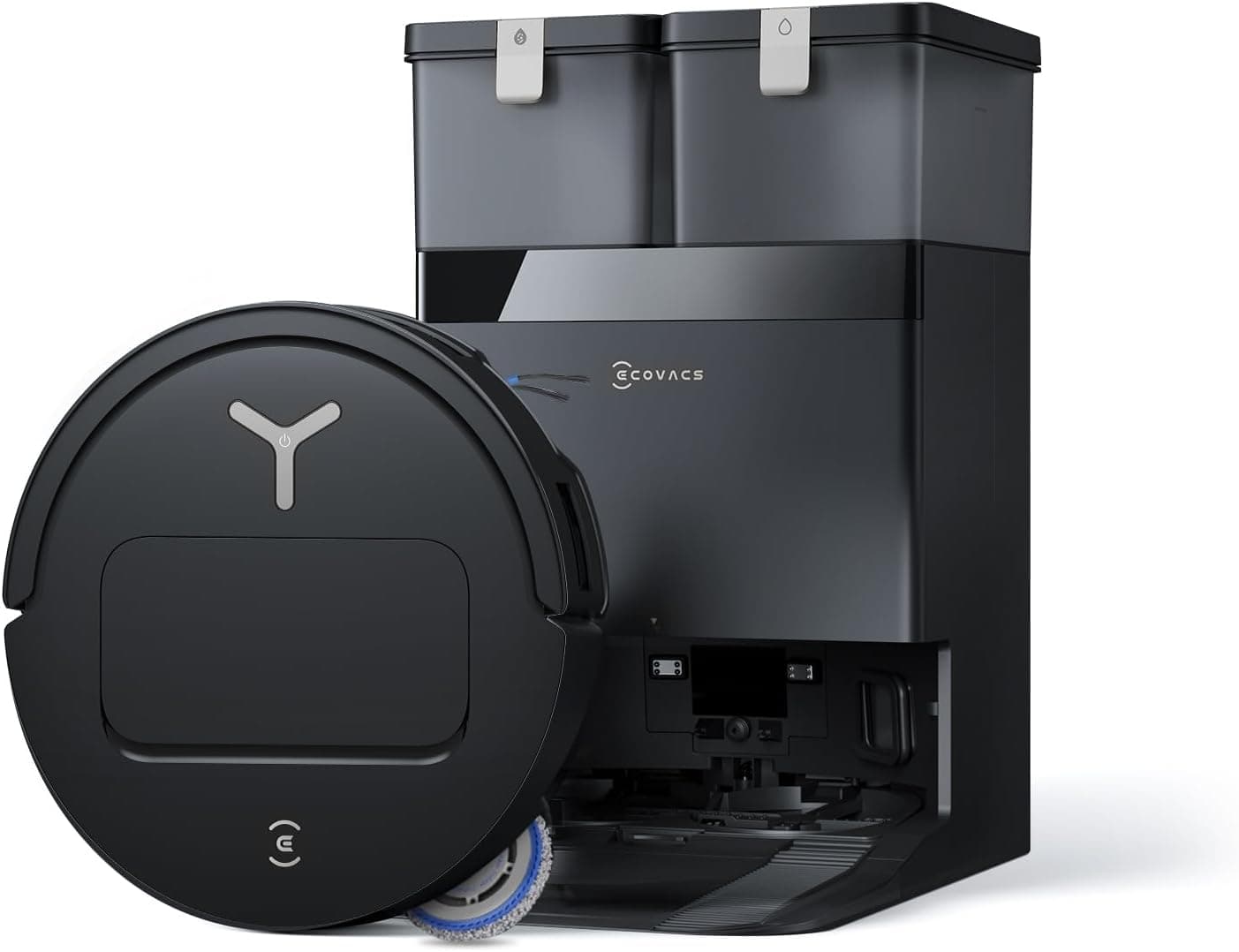 שואב רובוטי שחור של Ecovacs ליד תחנת עגינה עם שני מיכלי מים