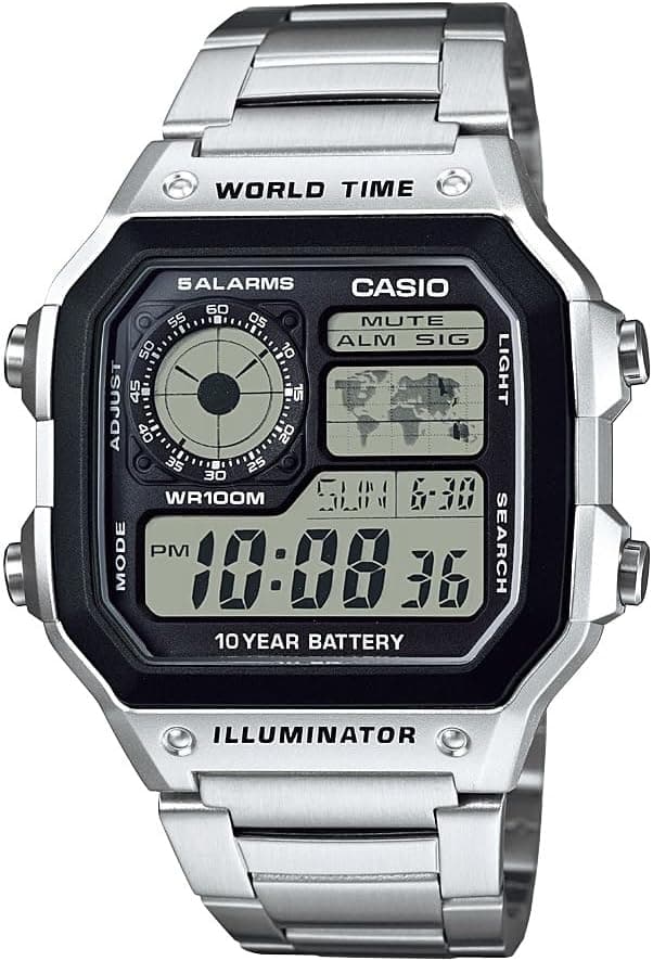 שעון Casio AE-1200WHD-1A כסוף עם רצועת מתכת, תצוגת World Time ומפת עולם