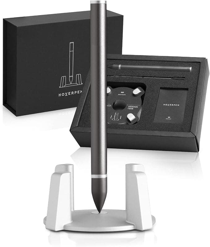 עט novium Hoverpen עומד אנכית על מעמד, עם קופסת המתנה