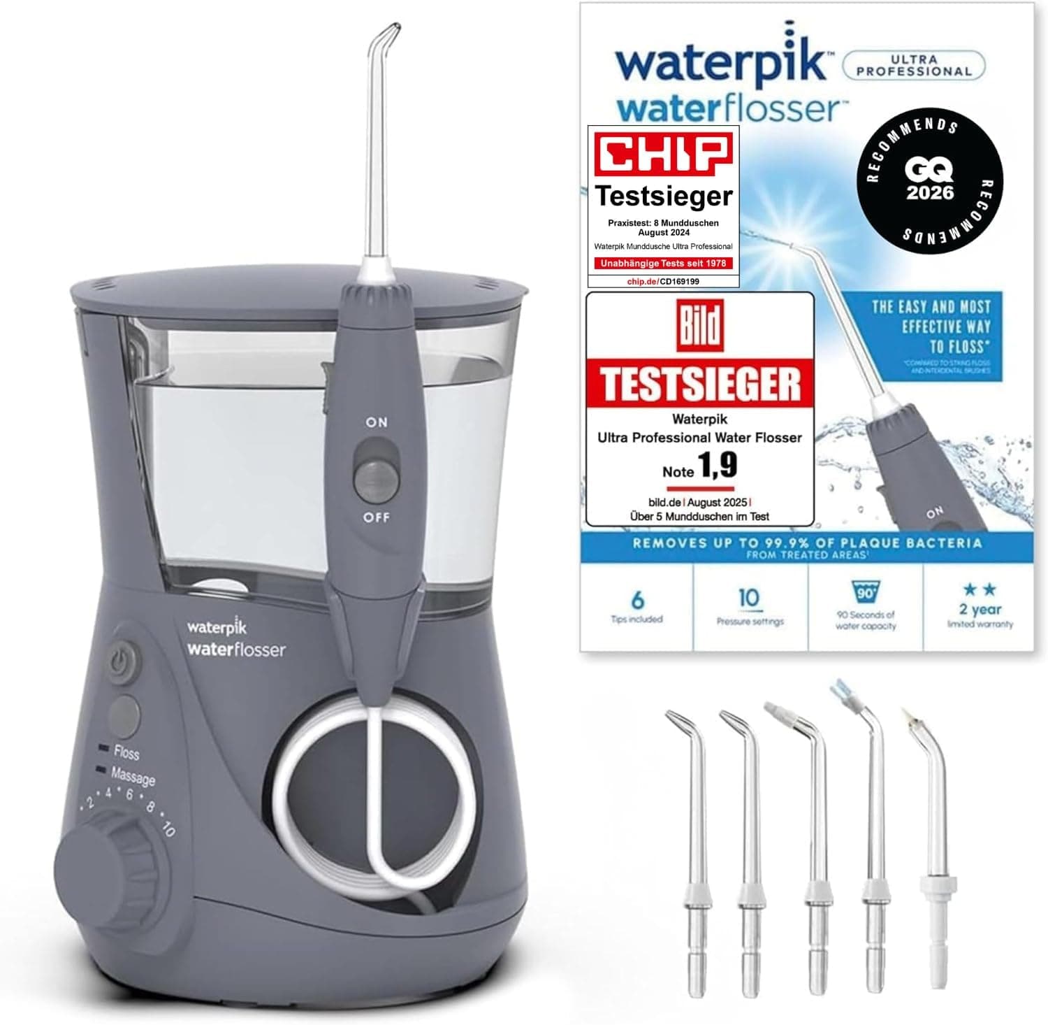 Waterpik Ultra Professional – מכשיר להברשת מים (חוט דנטלי מים), 10 עוצמות לחץ
