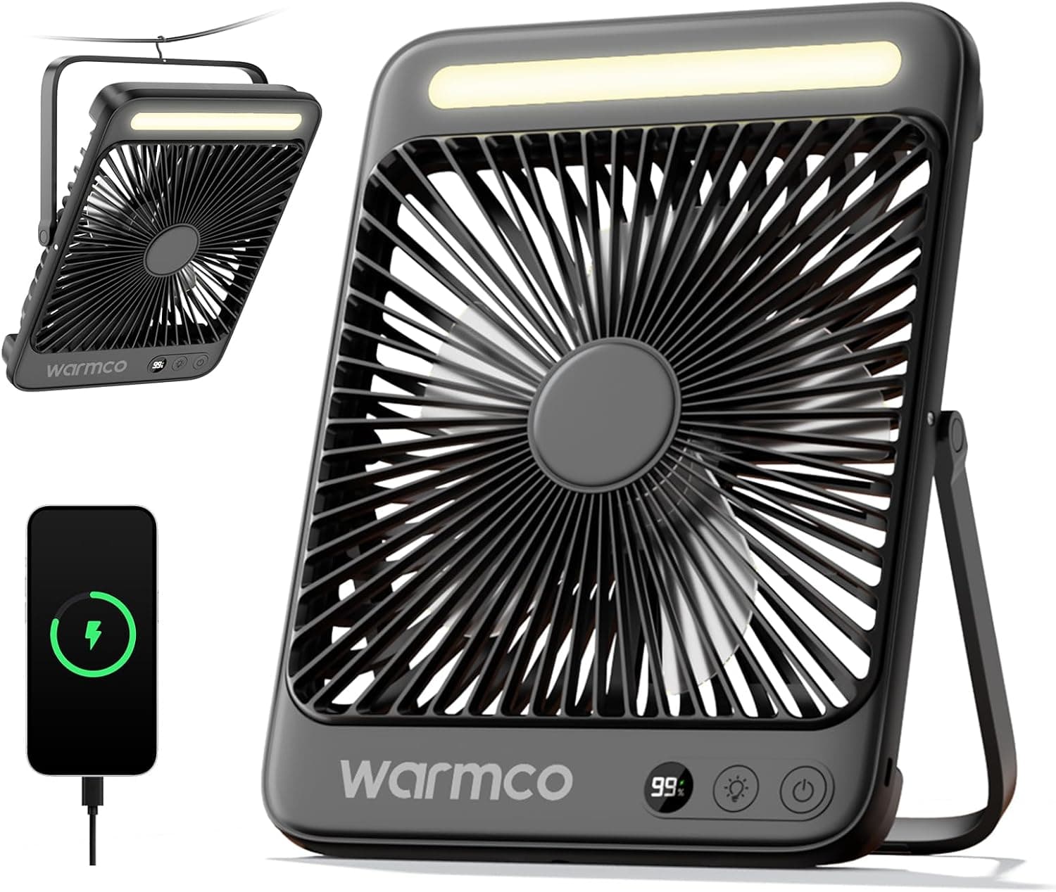 מאוורר קמפינג מתקפל Warmco D4 עם סוללת גיבוי 20,000mAh ופנס LED