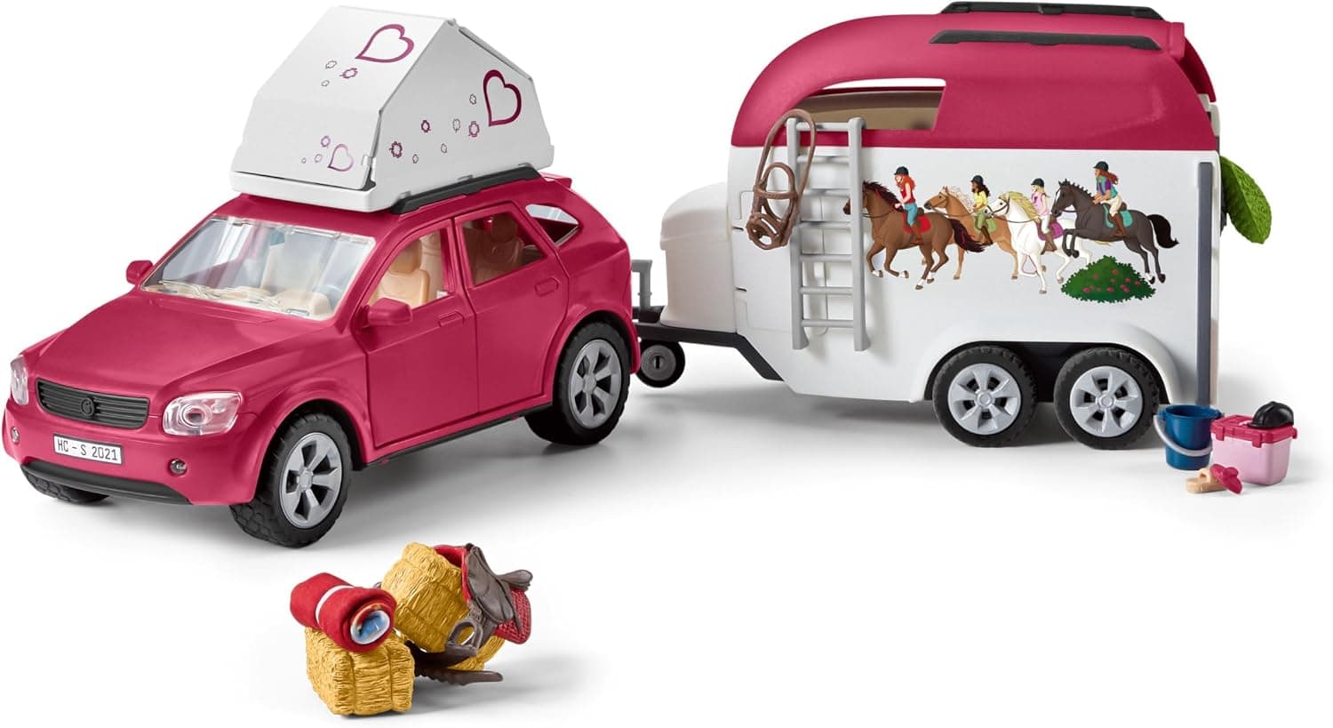 רכב שטח ורוד של Schleich עם נגרר סוסים לבן-ורוד, אוהל גג ואביזרי רכיבה