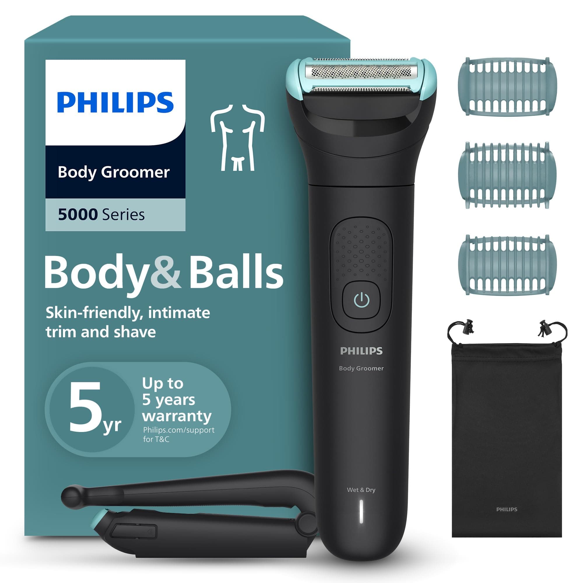 מכונת גילוח Philips Bodygroom 5000 עם 3 מסרקי אורך בצבעים שונים, מברשת ניקוי ותיק נושא