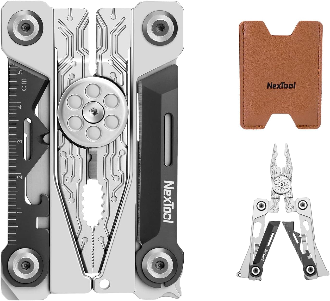 NexTool E30 מולטי-טול קרדיט קארד עם 20 פונקציות שונות וזוג סכינים, נרתיק עור חום
