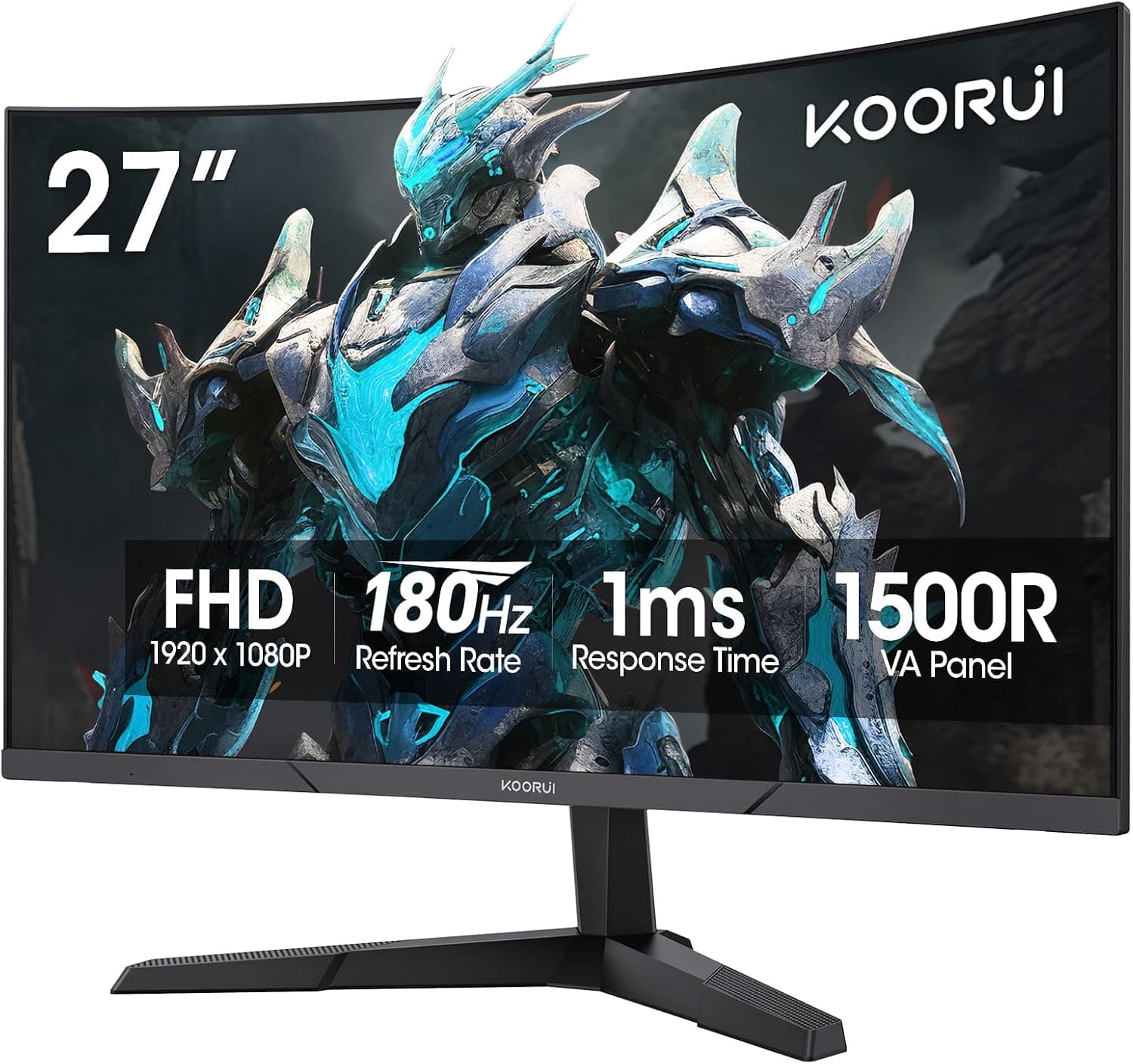 מסך מחשב קעור שחור של KOORUI, 27 אינץ׳, עם הכיתוב FHD 180Hz על המסך