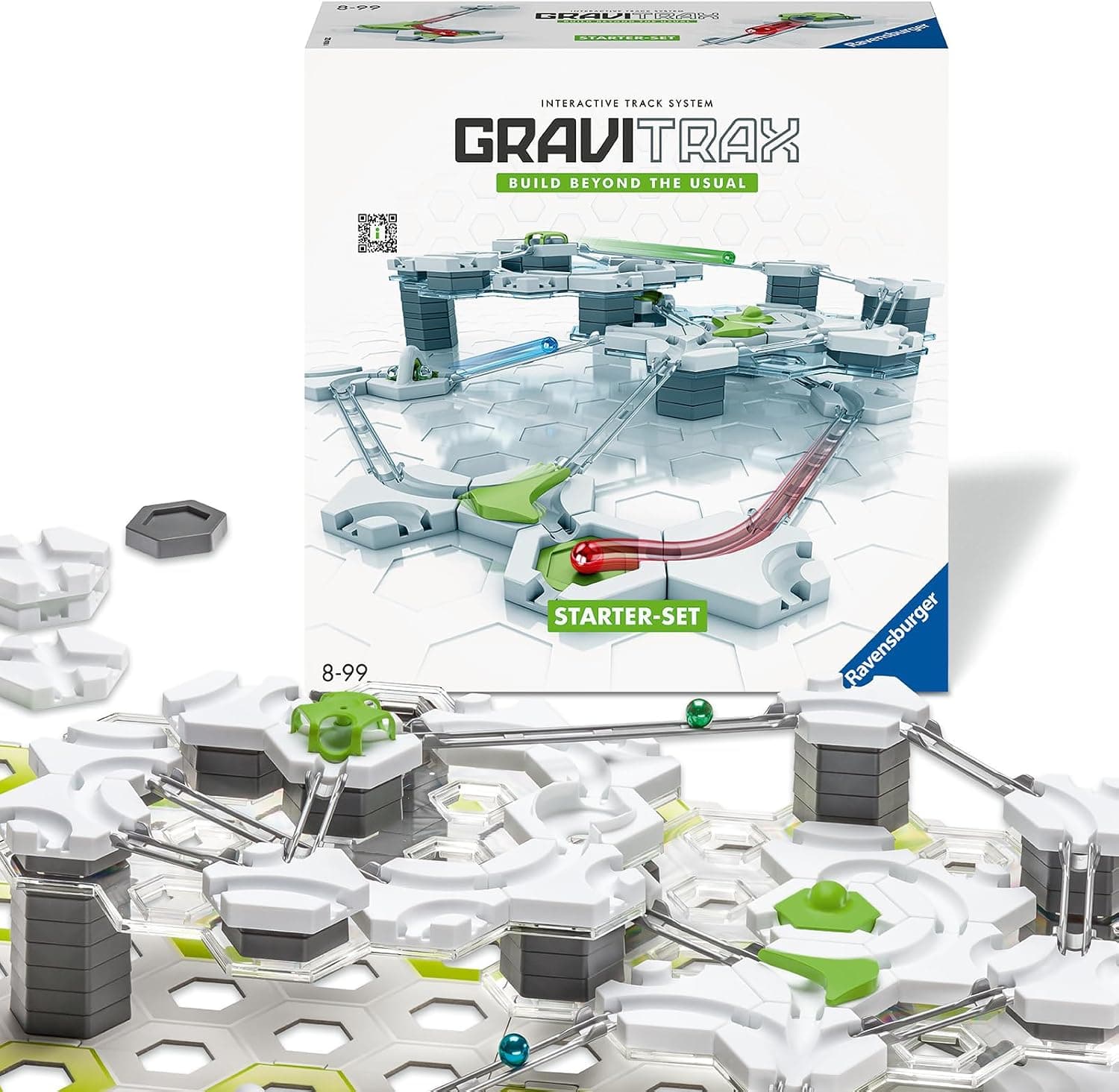 קופסת Ravensburger GraviTrax Base Starter-Set עם מסלול כדורים, קשתות וחלקים צבעוניים