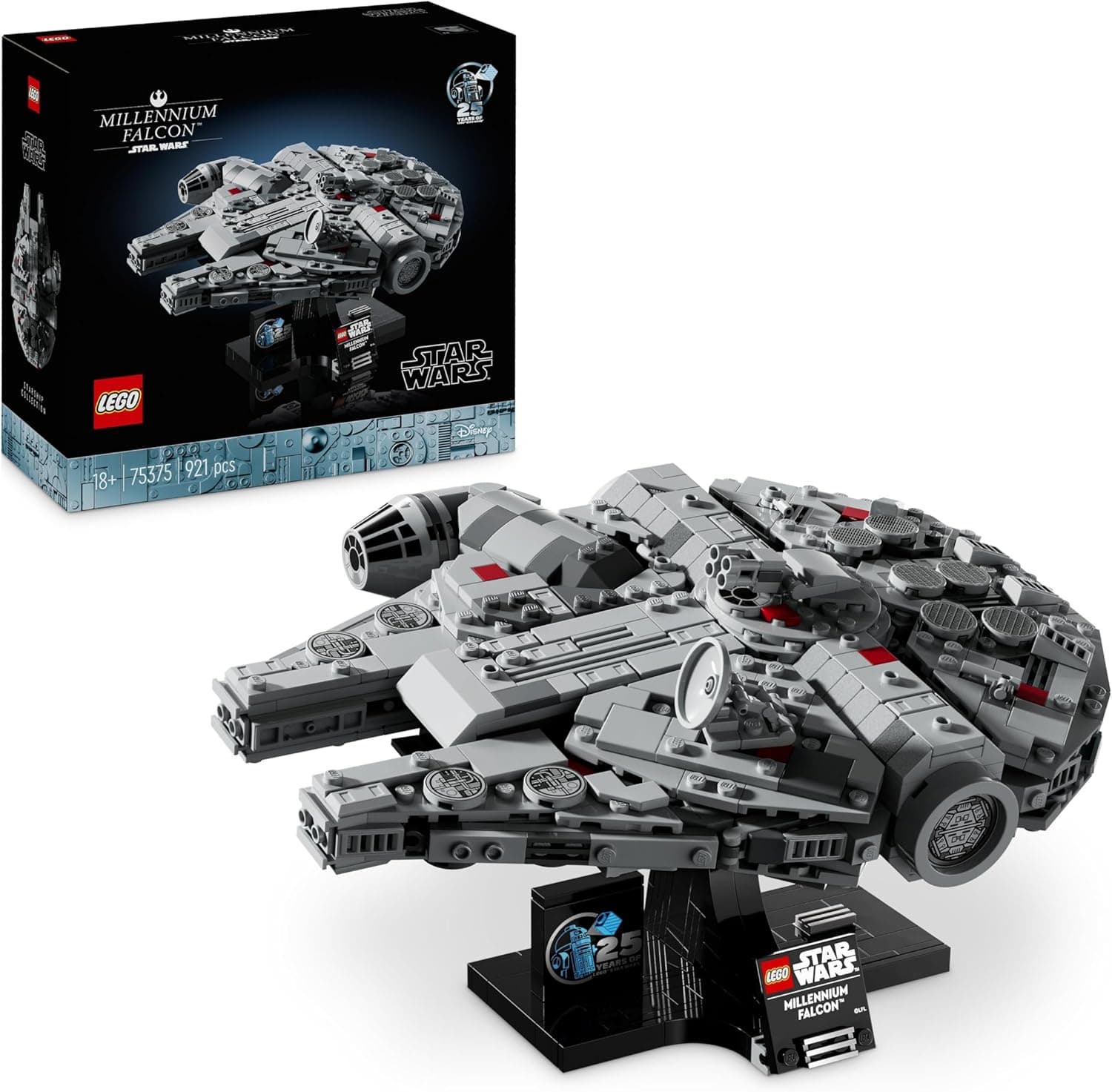 סט LEGO Star Wars 75375 מילניום פלקון — החללית הכסופה מורכבת ליד הקופסה המקורית