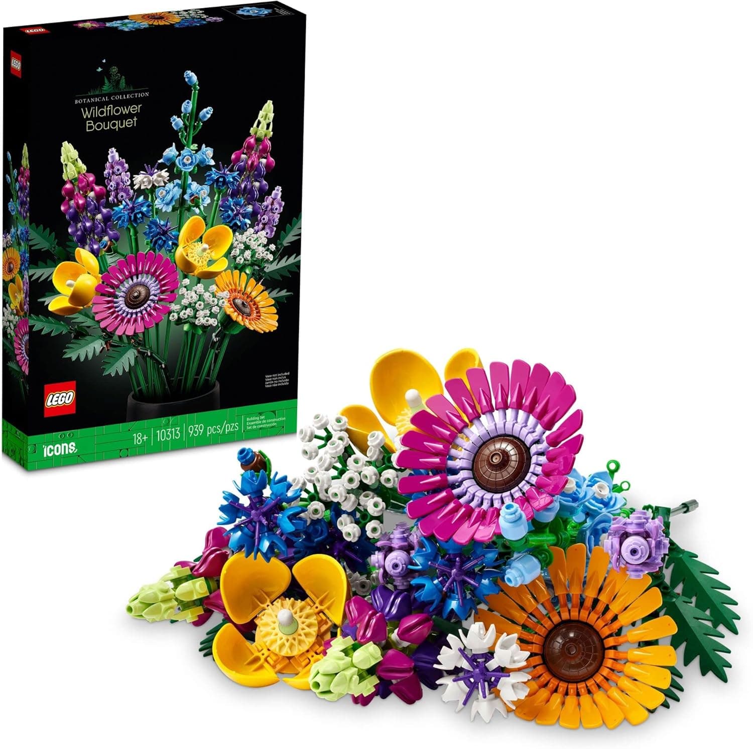 קופסת LEGO Botanicals 10313 זר פרחי בר ליד הזר הבנוי בצבעי ורוד, צהוב, כחול וסגול