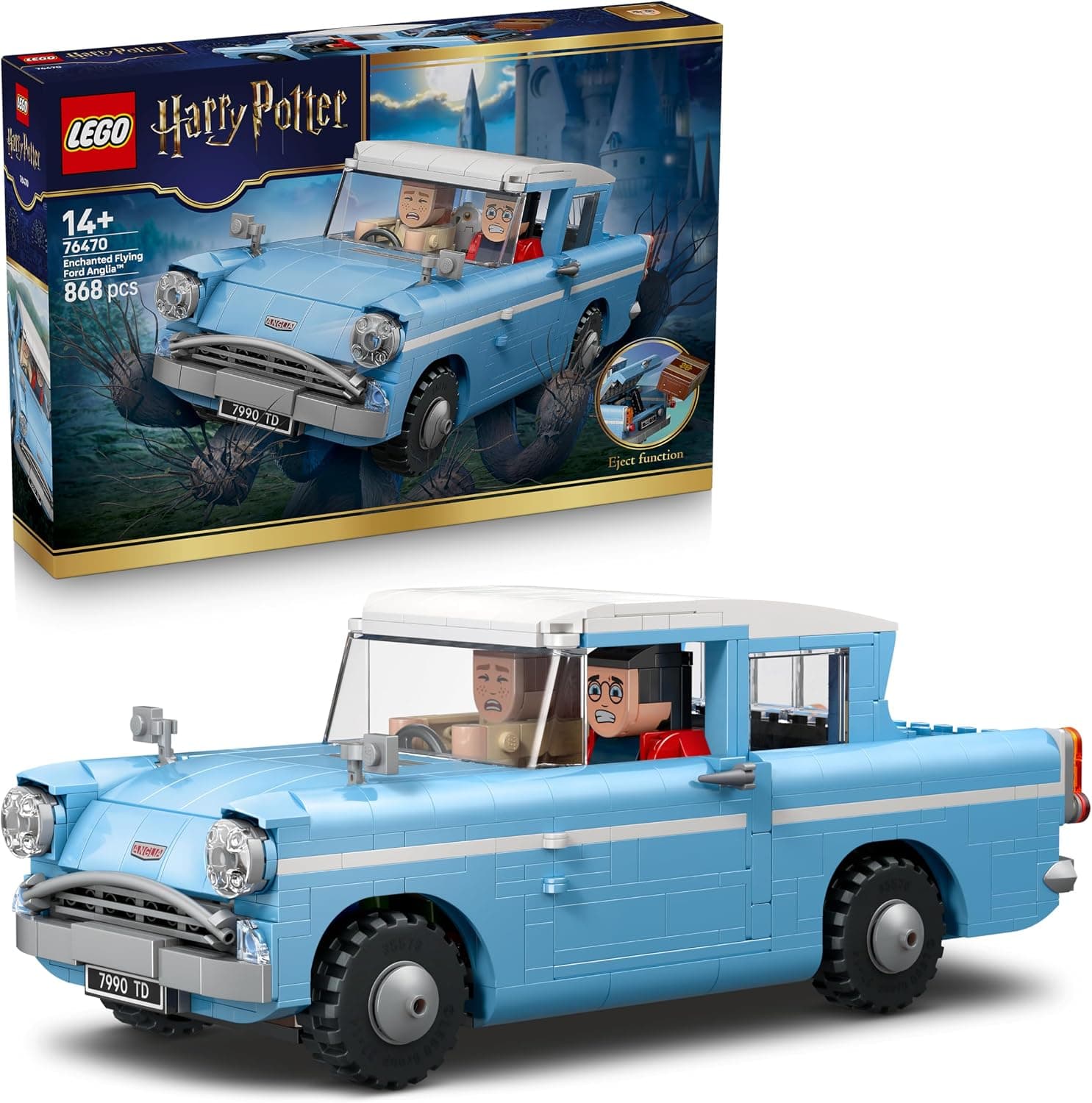 סט LEGO Harry Potter 76470 עם מכונית פורד אנגליה כחולה, הארי ורון בתוך הרכב והקופסה