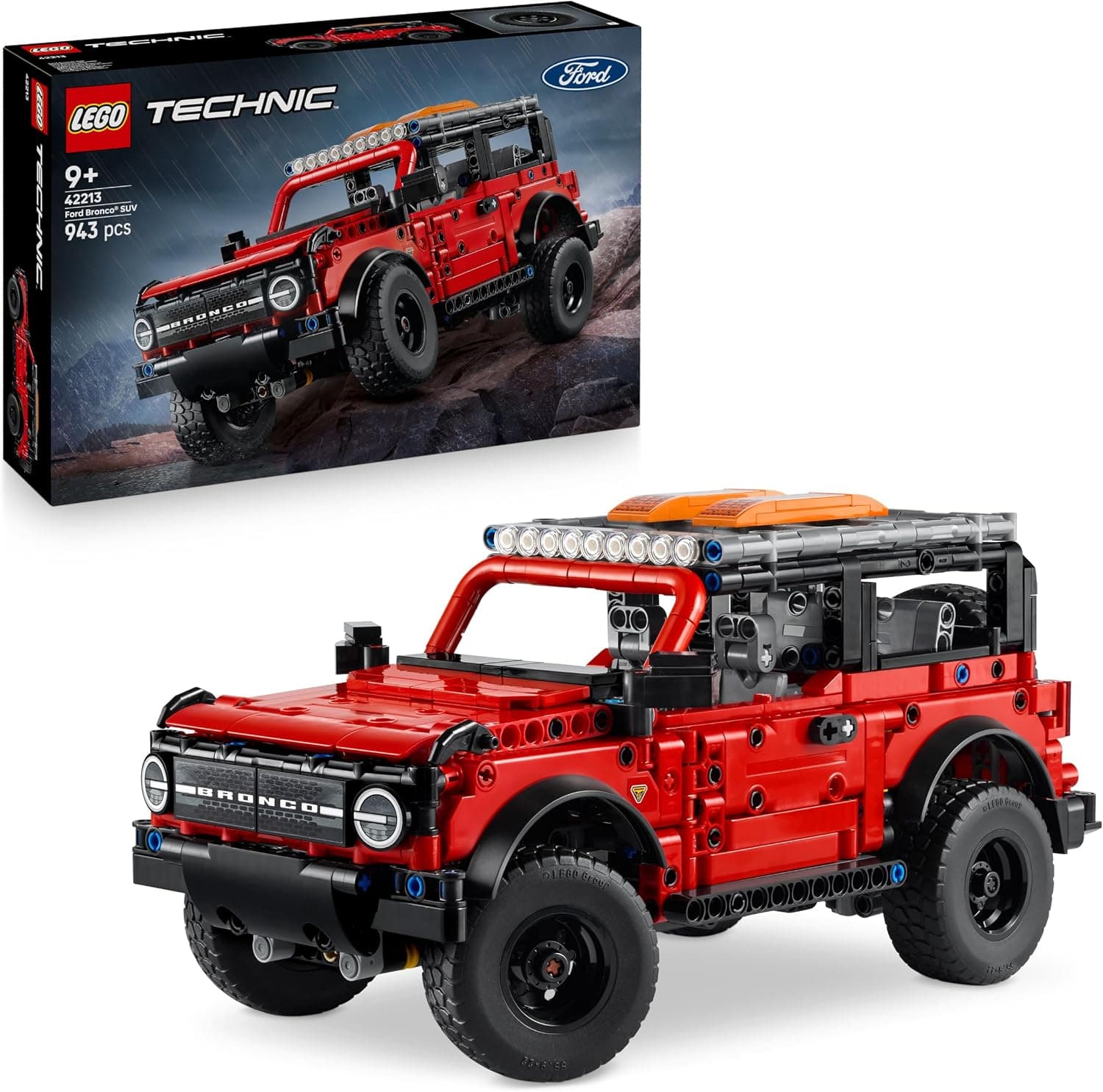קופסת LEGO Technic 42213 ודגם פורד ברונקו אדום עם פנס גג וגלגל רזרבי