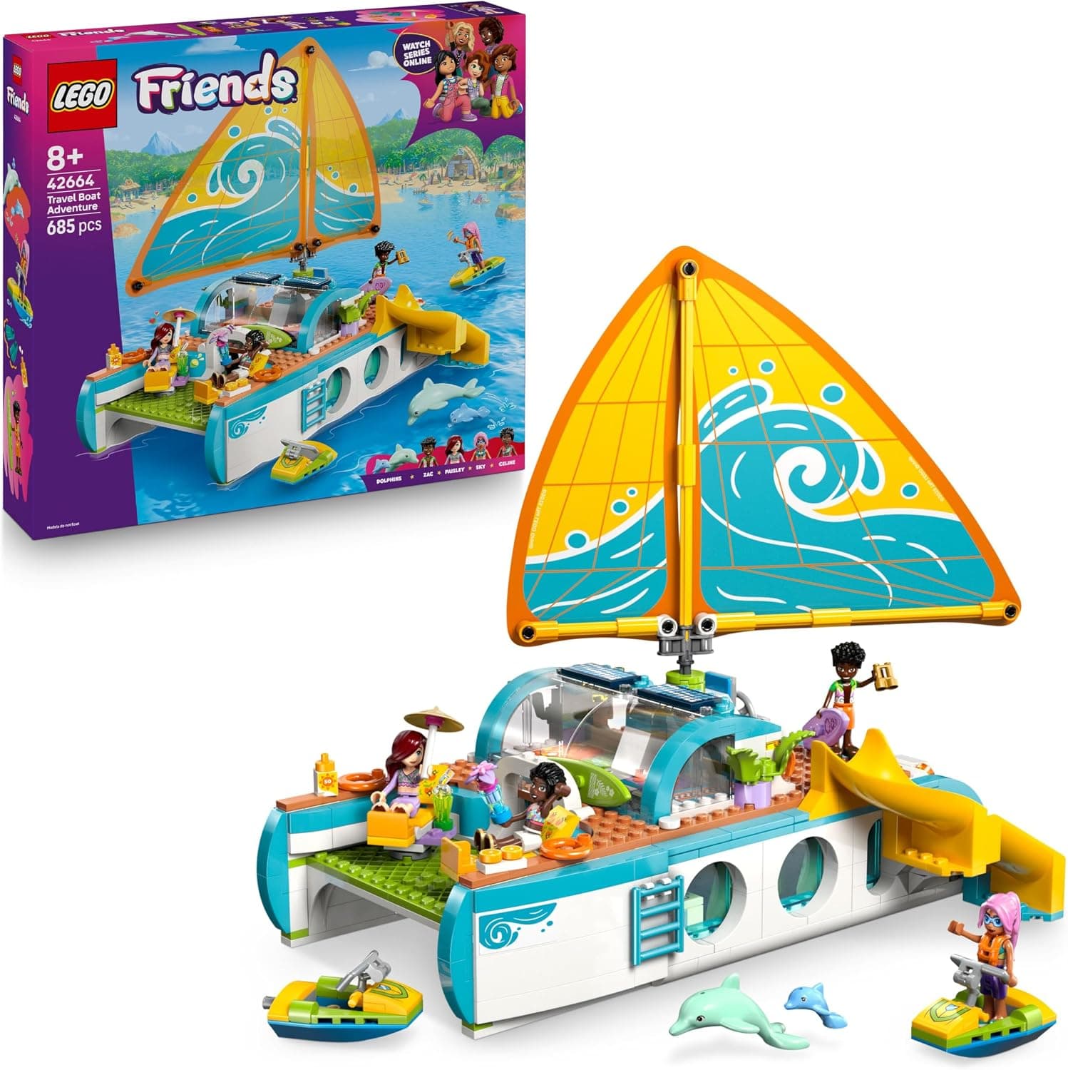 סט LEGO Friends 42664 עם יאכטת מפרש צהובה-כחולה, דמויות, דולפינים ואופנועי ים