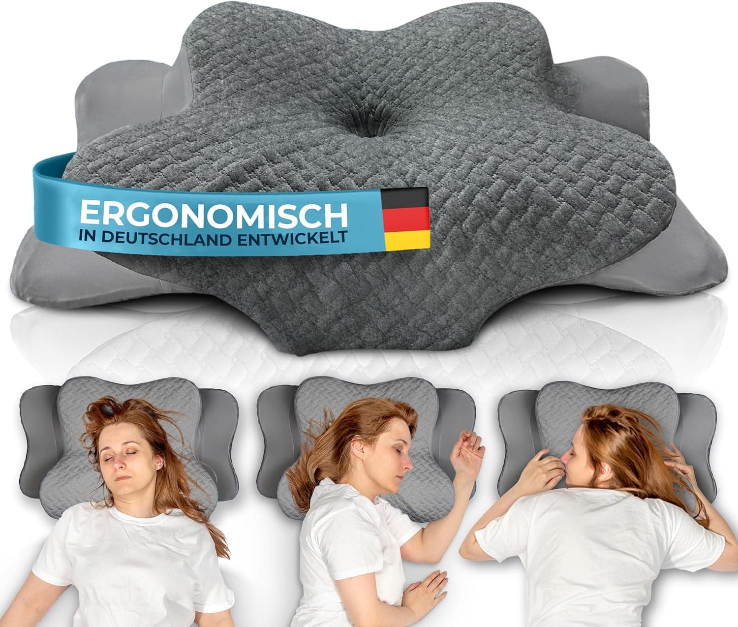 כרית ארגונומית Glückstoff מקצף זיכרון (Memory Foam) לכל סוגי השינה – תמיכה לצוואר ולראש, אפורה