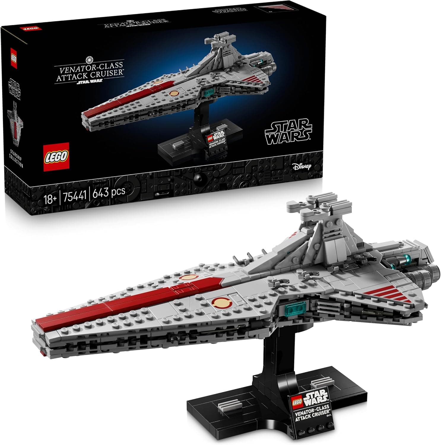 קופסת LEGO Star Wars 75441 ודגם סיירת ונאטור אפורה עם פס אדום על מעמד תצוגה