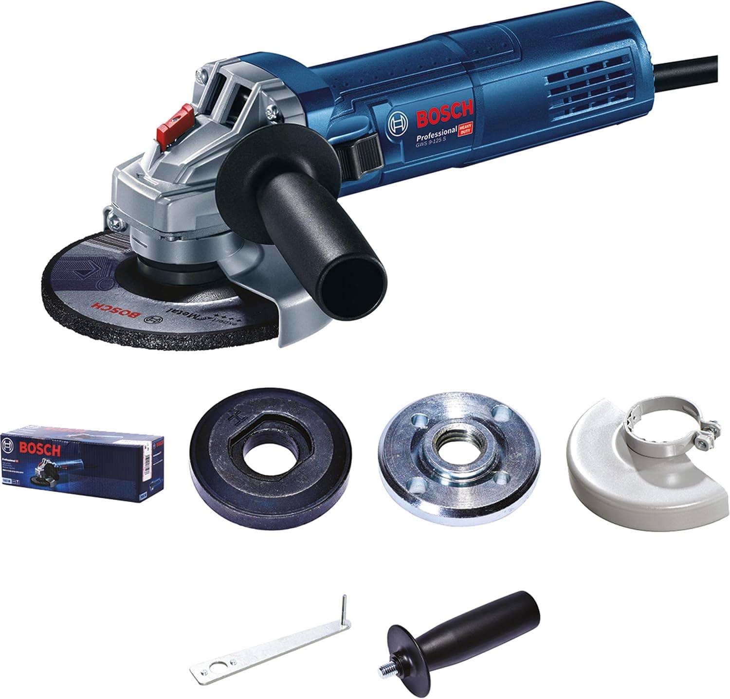 משחזת זווית כחולה Bosch Professional GWS 9-125 S עם דיסק, ידית נוספת, מגן ומפתח