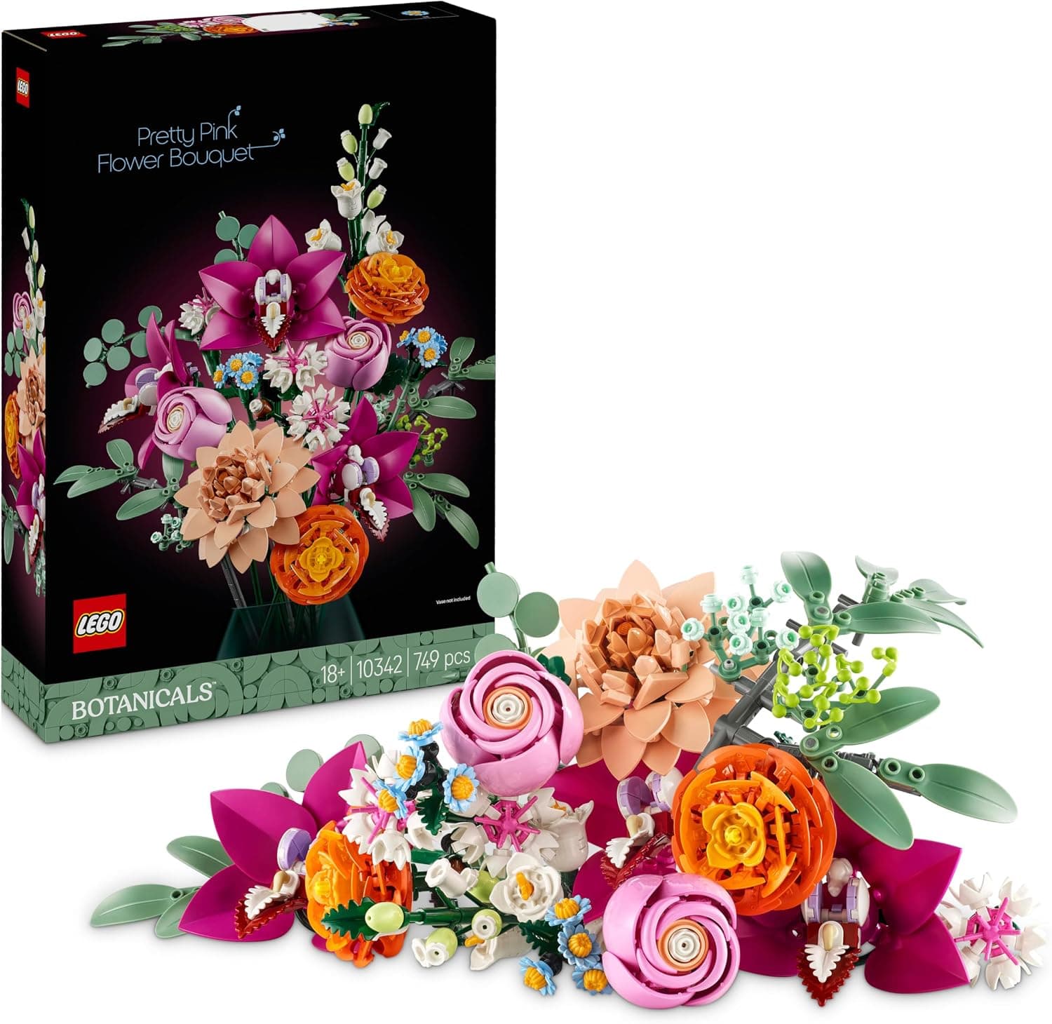קופסת LEGO Botanicals 10342 זר פרחים ורודים ליד הזר הבנוי בורוד וכתום