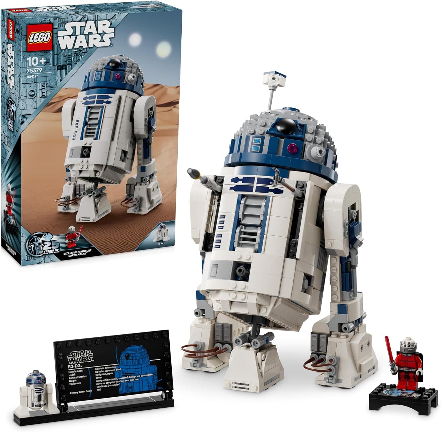 סט LEGO Star Wars 75379 R2-D2 — הרובוט הלבן-כחול הבנוי ליד הקופסה