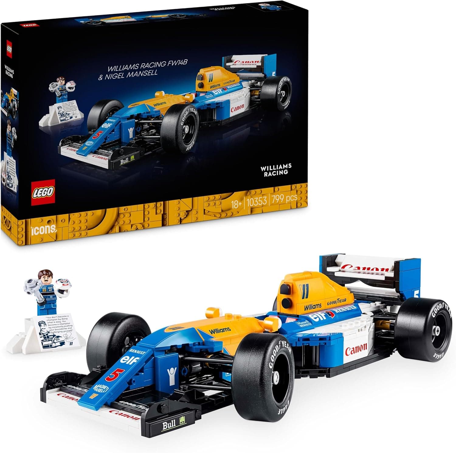 קופסת LEGO Icons 10353 ודגם וויליאמס FW14B כחול-צהוב עם מיני-דמות נייג'ל מנסל
