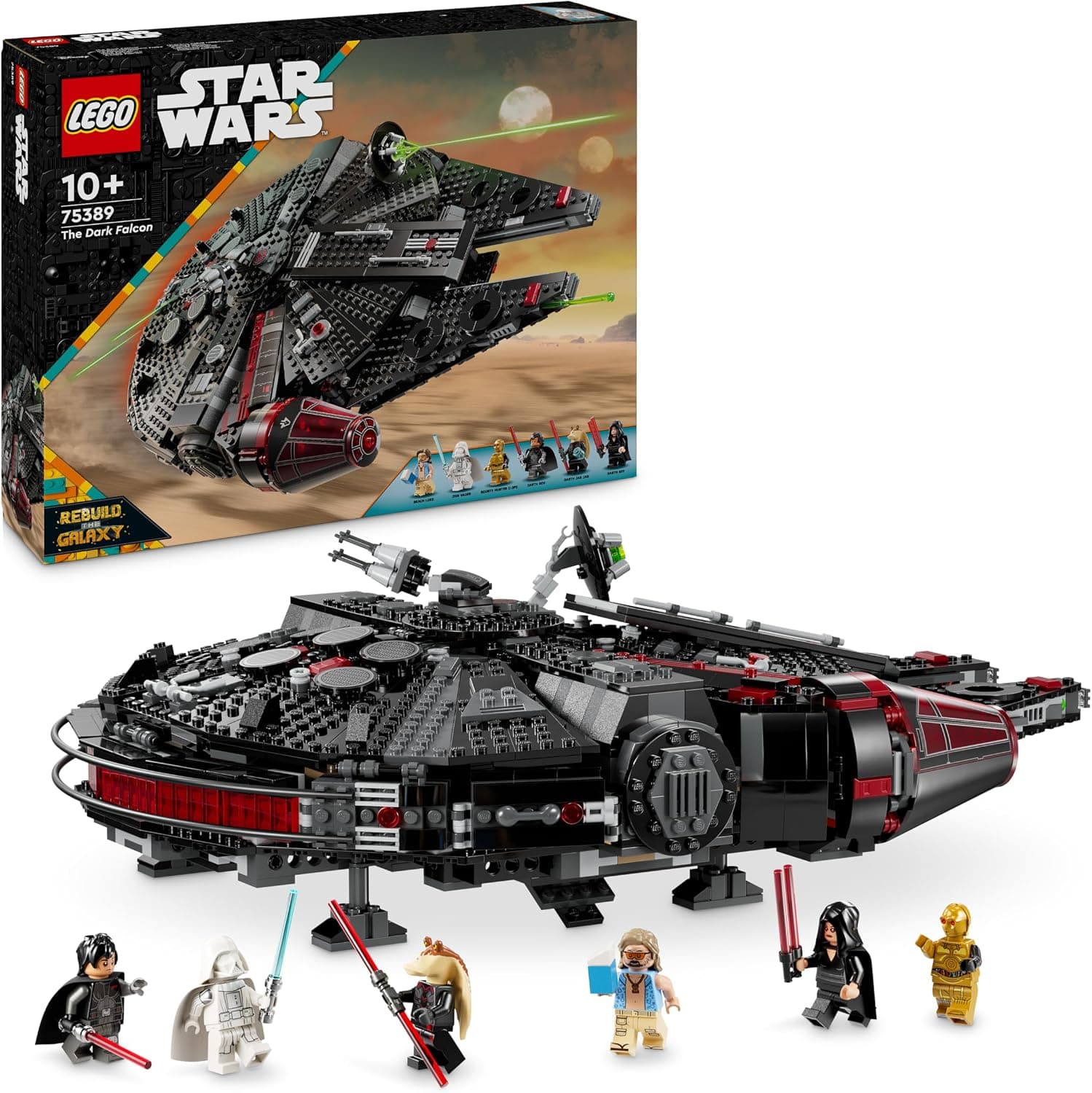 סט LEGO Star Wars 75389 הפאלקון האפל — חללית שחורה-אדומה עם המיניפיגרים והקופסה