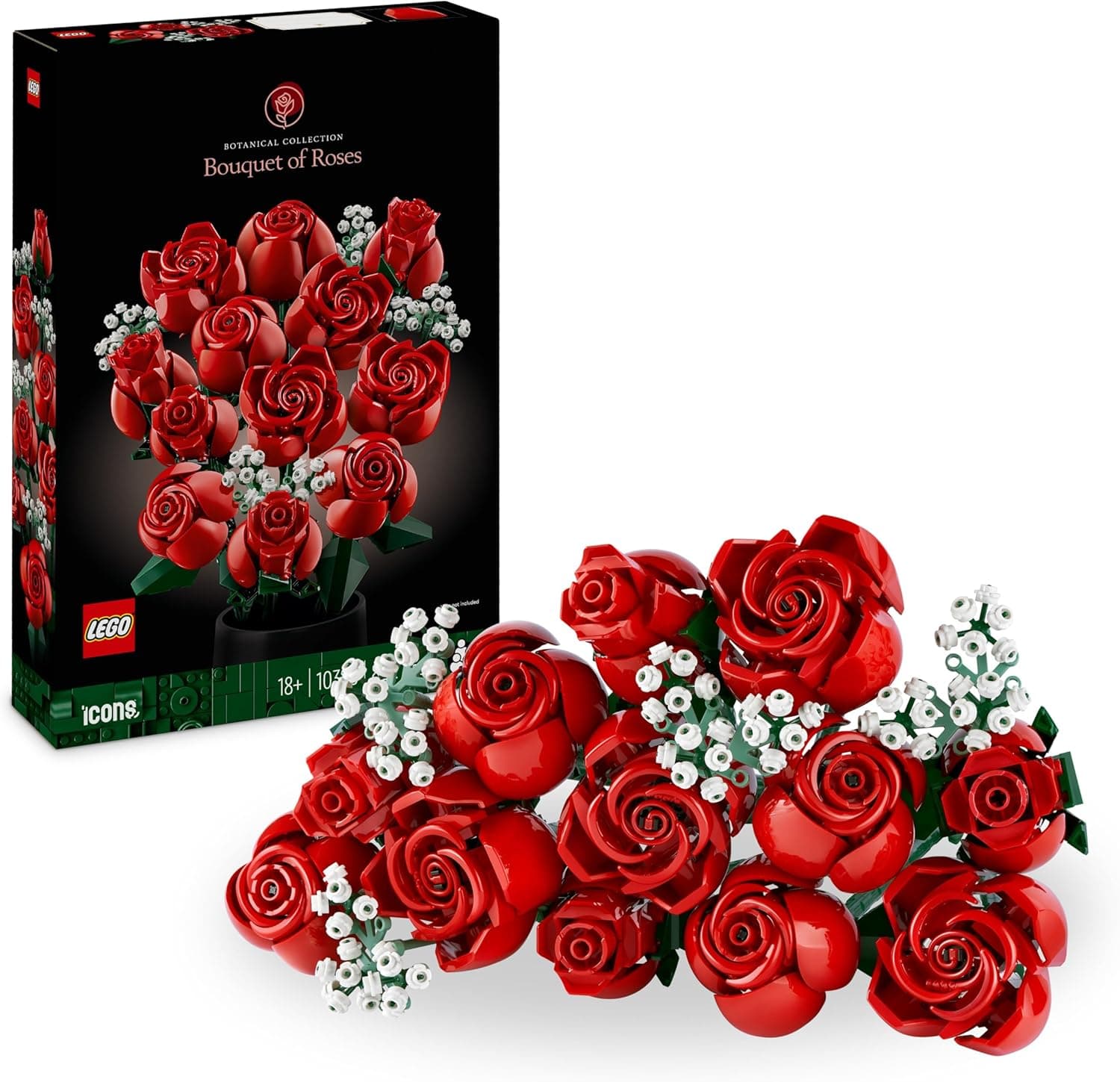 קופסת LEGO Botanicals 10328 זר ורדים ליד הזר הבנוי מוורדים אדומים וגיבסנית