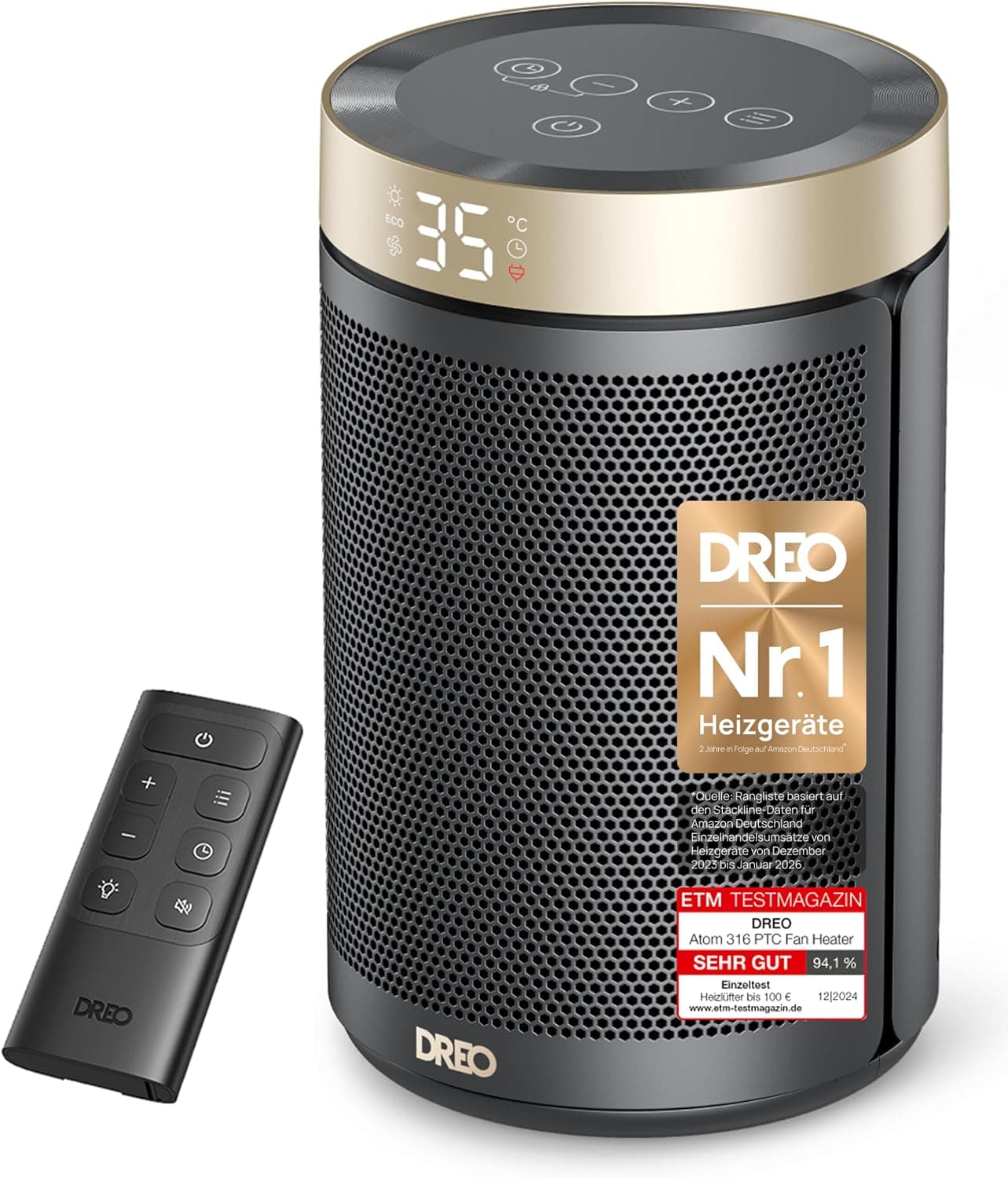 מפזר חום קרמי Dreo Atom 316 – 1500W, שקט של 34dB, עם שלט רחוק