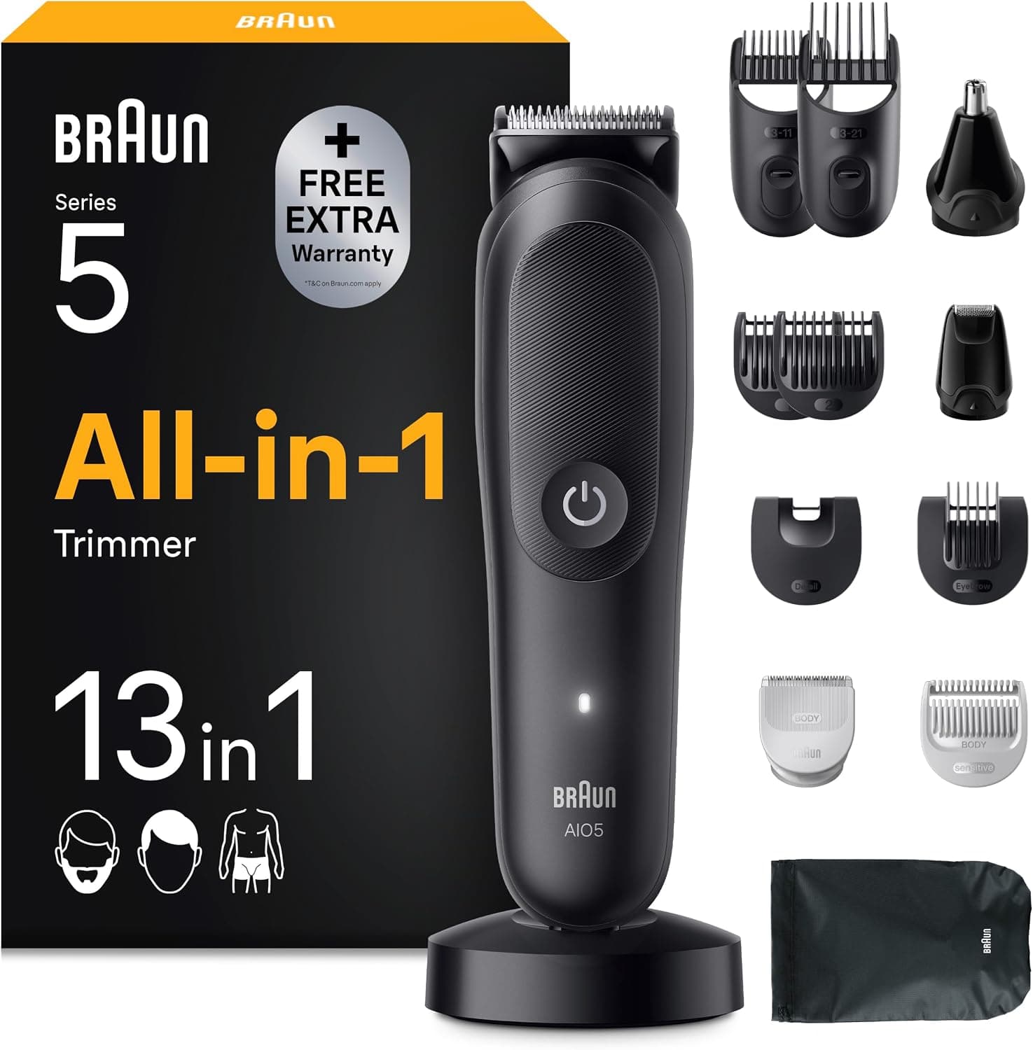 מכונת טיפוח Braun Multigroom Series 5 AIO5565 בצבע שחור עם 13 ראשים מתחלפים לטיפוח זקן, שיער וגוף