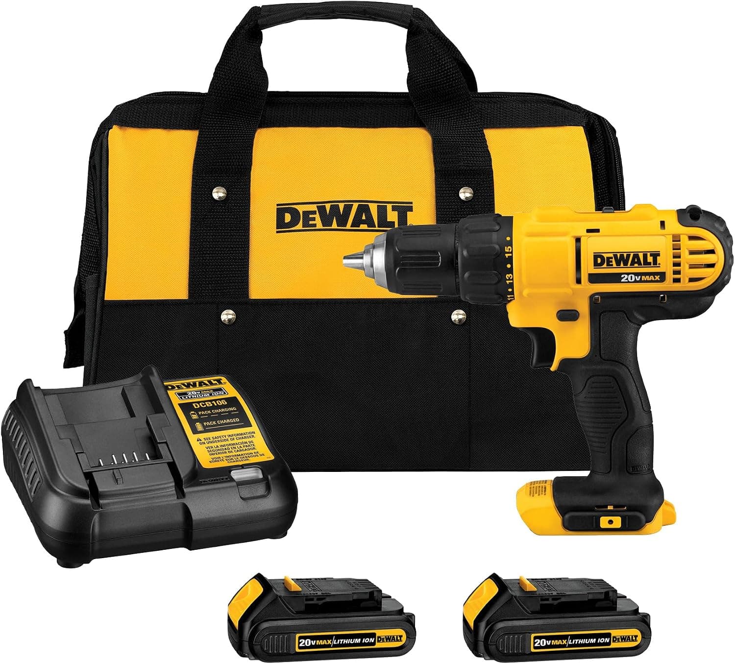 מקדחה צהובה של DeWalt עם שתי סוללות, מטען ותיק