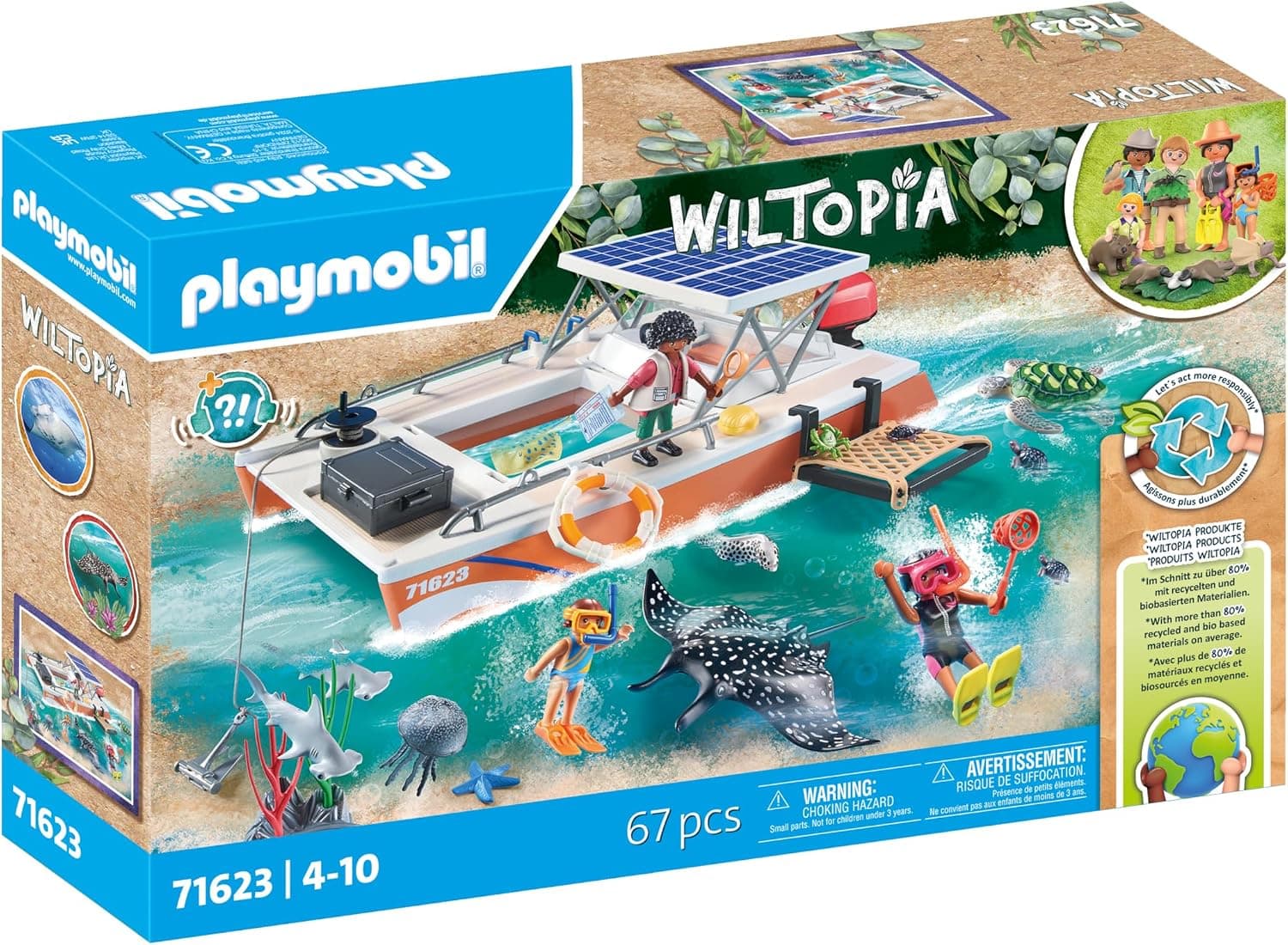 קופסת Playmobil Wiltopia 71623 עם סירת מחקר, שנורקל וחיות שונית האלמוגים, 67 חלקים