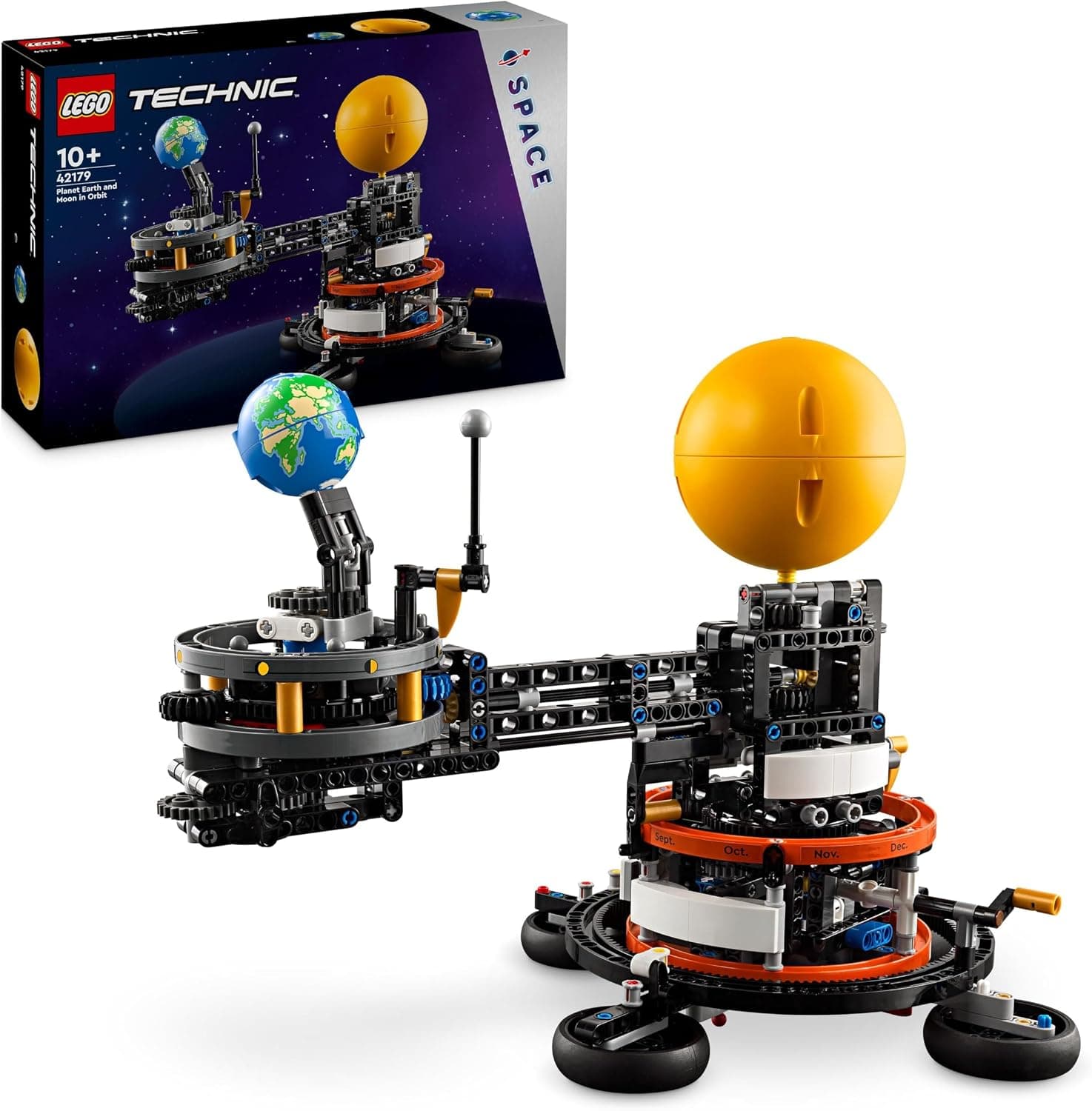 קופסת LEGO Technic 42179 ודגם כדור הארץ והירח במסלול עם ידית הנעה
