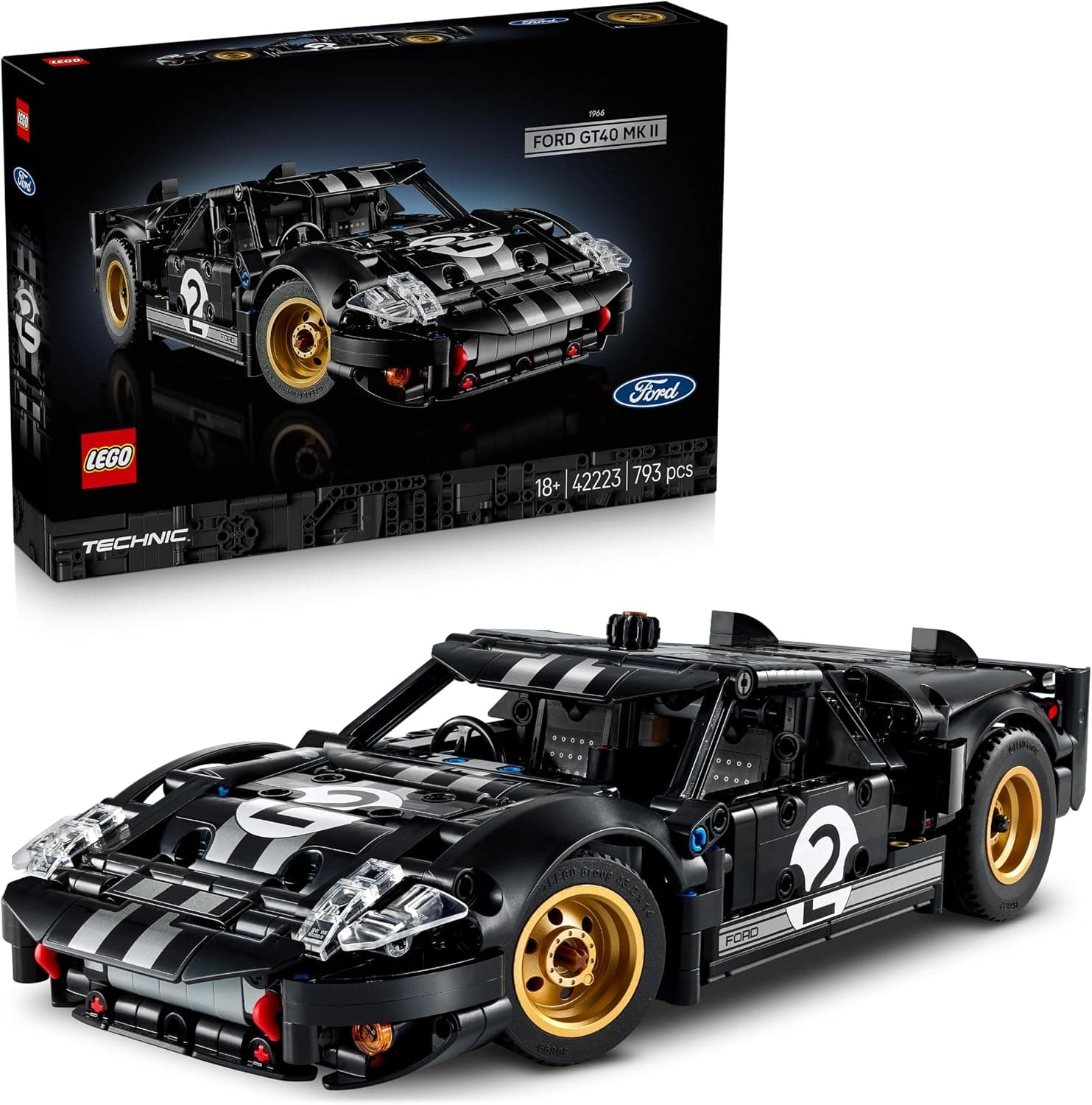 קופסת LEGO Technic 42223 ודגם פורד GT40 MKII שחור-לבן עם פסים וגלגלים זהובים