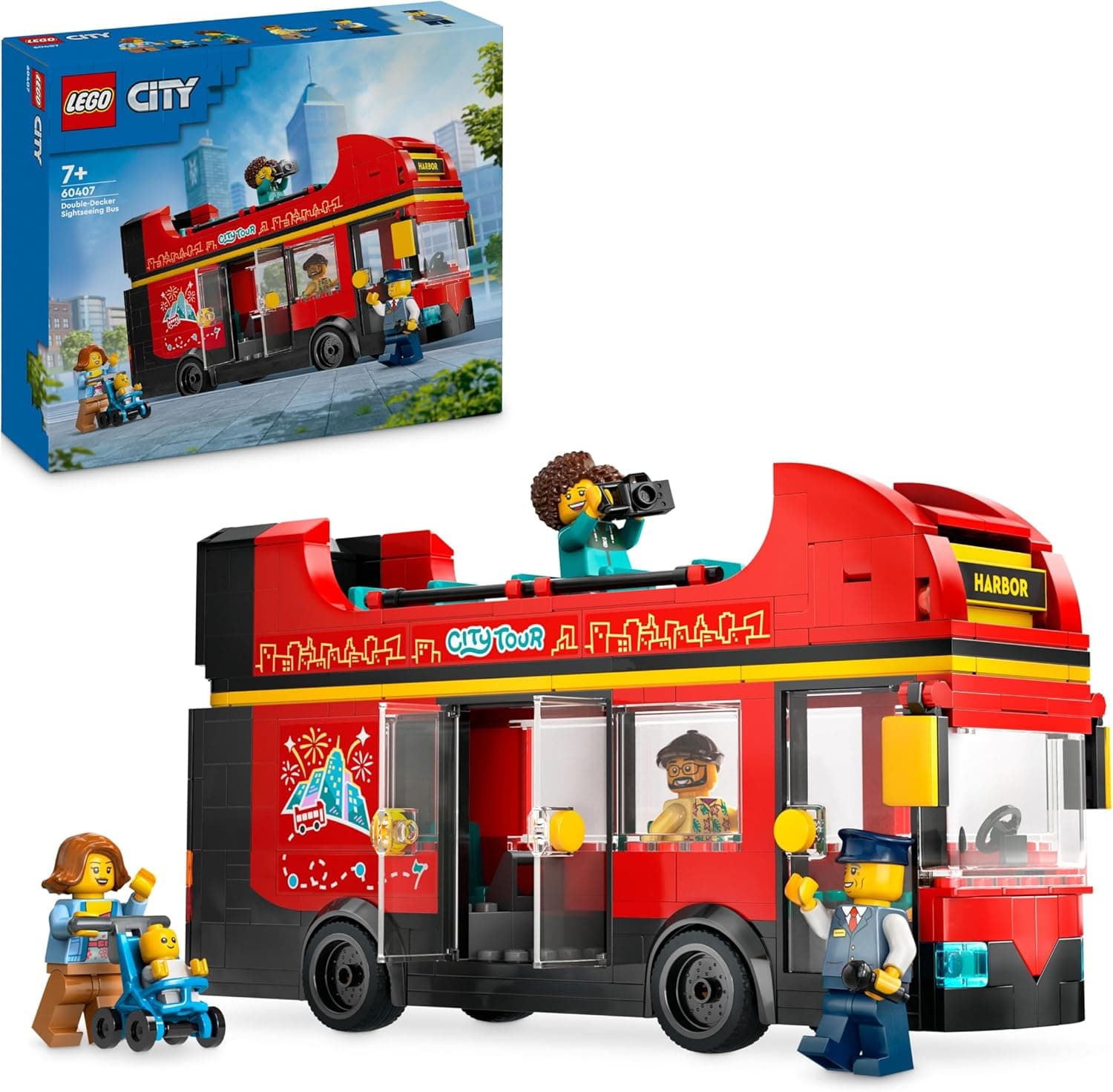 קופסת LEGO City 60407 אוטובוס תיור דו-קומתי אדום עם הדמויות וחלקי הבנייה