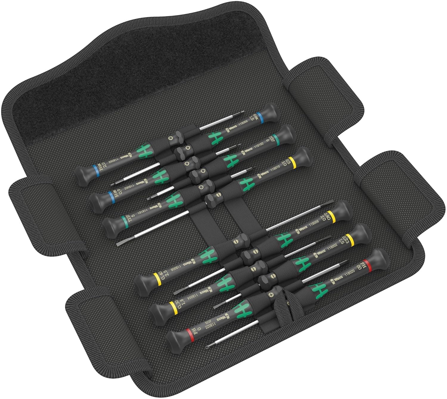 סט מברגי דיוק Wera Kraftform Micro 12 בנרתיק חגורה שחור עם 12 מברגים צבעוניים