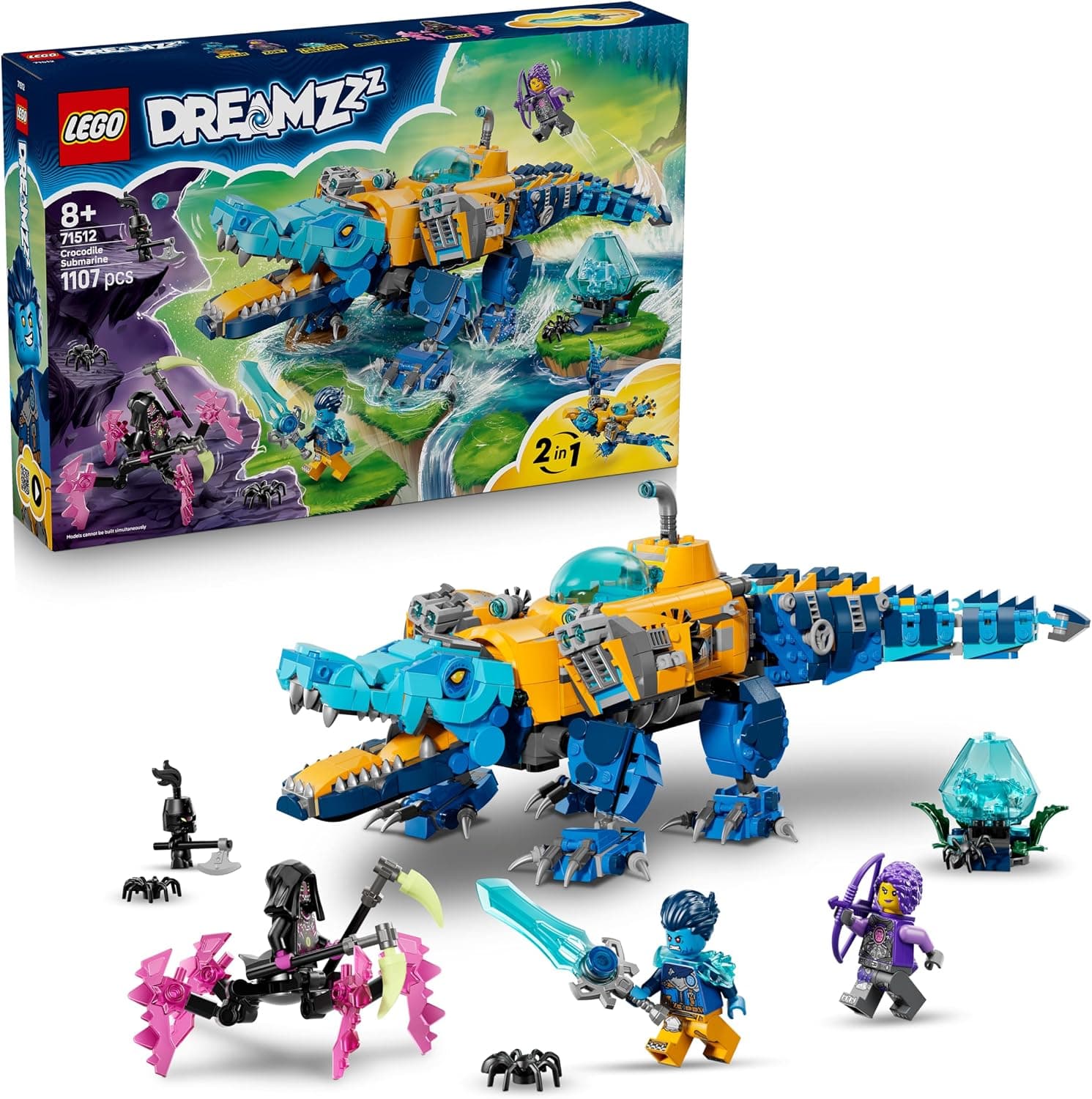 סט LEGO DREAMZzz 71512 — צוללת תנין כחולה-צהובה עם המיניפיגרים והקופסה